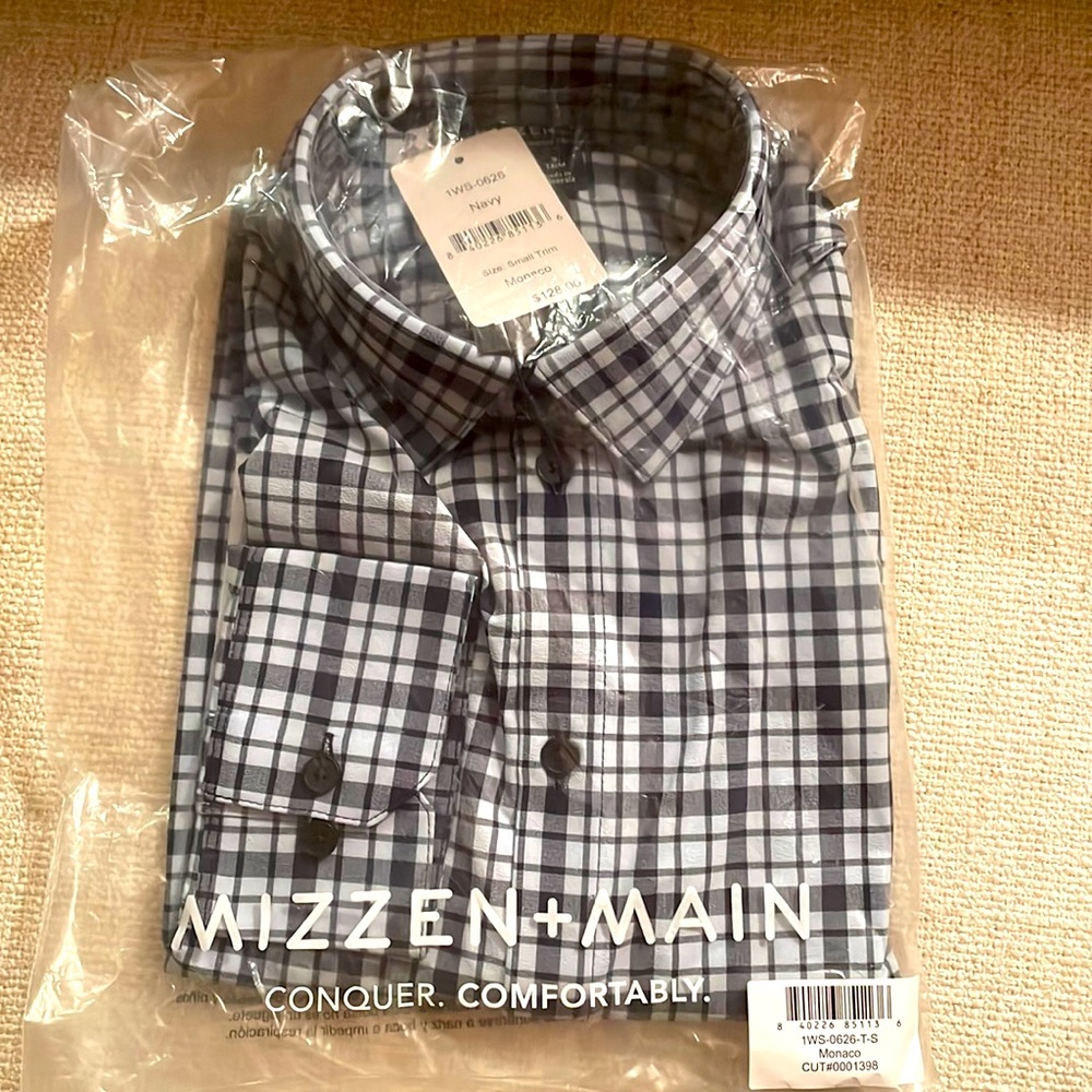 Mizzen & Main Monaco Shirt in Navy and Light Blue Plaid - Small Trim